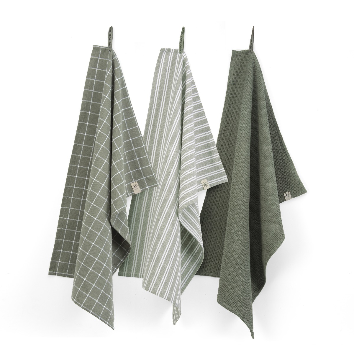 WALRA Keukenset Dry w. Cubes Uni, Stripes & Blocks Legergroen - 3x 50x70 cm