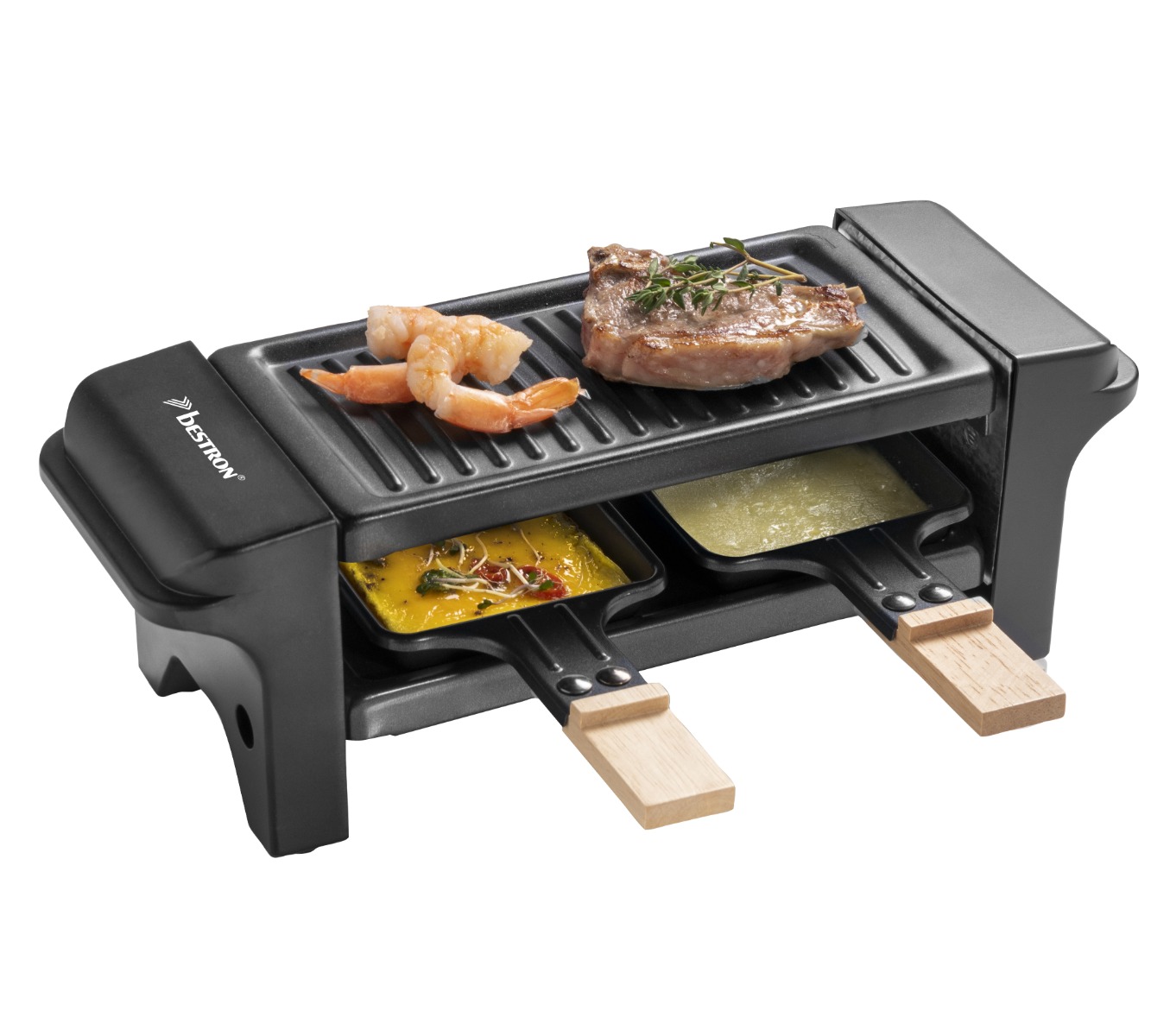 Bestron - Mini raclette grill - 2 Pannetjes - 350W - Zwart/Hout